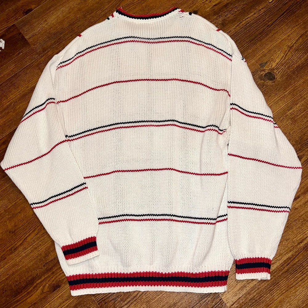 Izod 90s Preppy Vintage White Stripe Crewneck Classic Long Sleeve Sweater Size L - Picture 2 of 14